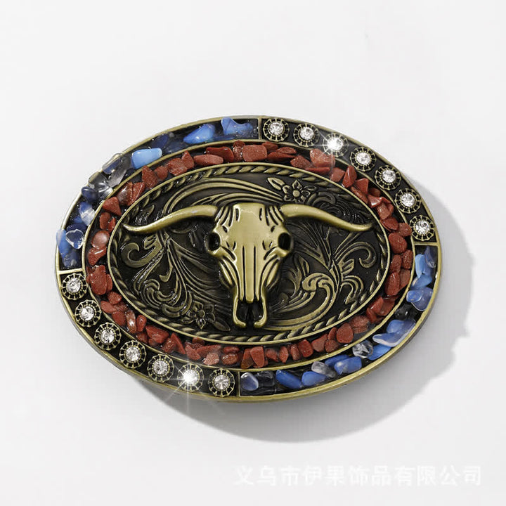 Cintura in pelle con fibbia a forma di toro con pietre blu e bordeaux fai da te da uomo