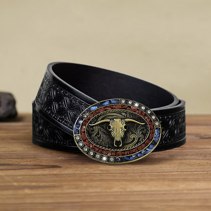 Cintura in pelle con fibbia a forma di toro con pietre blu e bordeaux fai da te da uomo