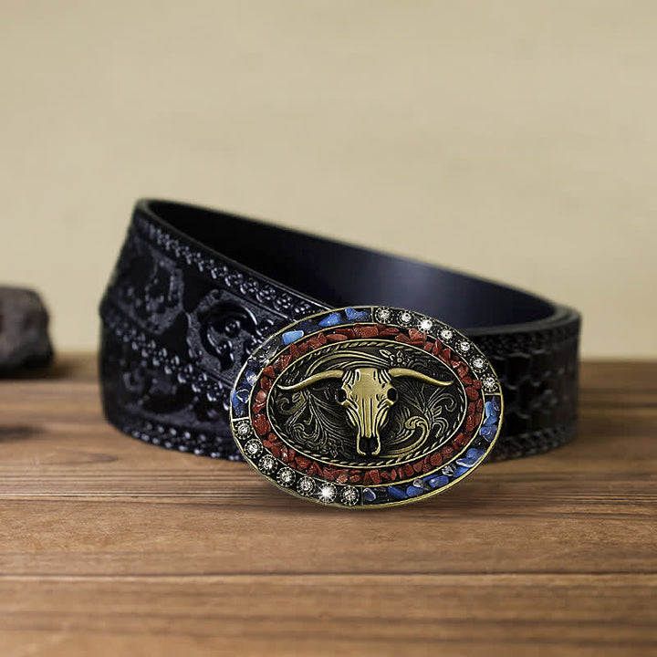 Cintura in pelle con fibbia a forma di toro con pietre blu e bordeaux fai da te da uomo - Toro - Cintura nera intagliata (40) - image 7
