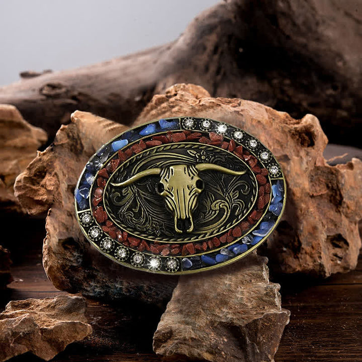 Cintura in pelle con fibbia a forma di toro con pietre blu e bordeaux fai da te da uomo