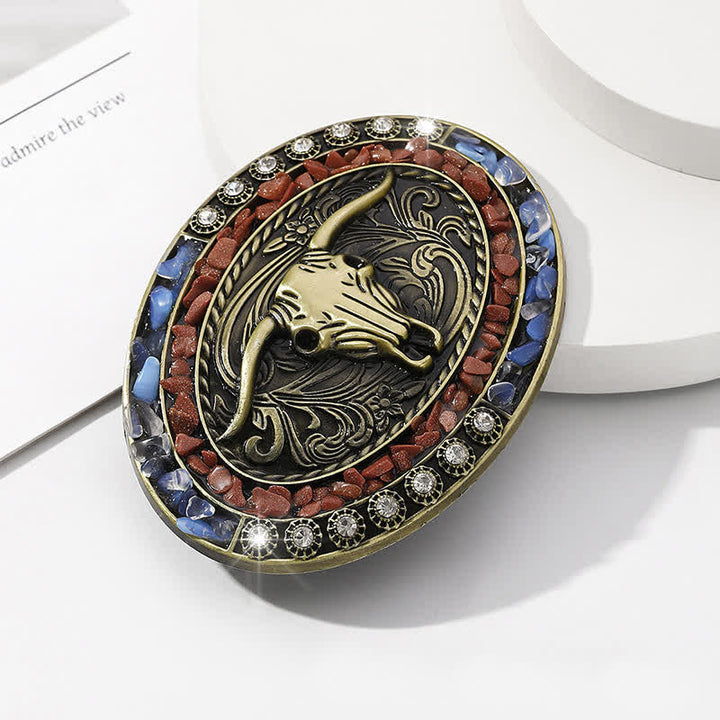 Cintura in pelle con fibbia a forma di toro con pietre blu e bordeaux fai da te da uomo