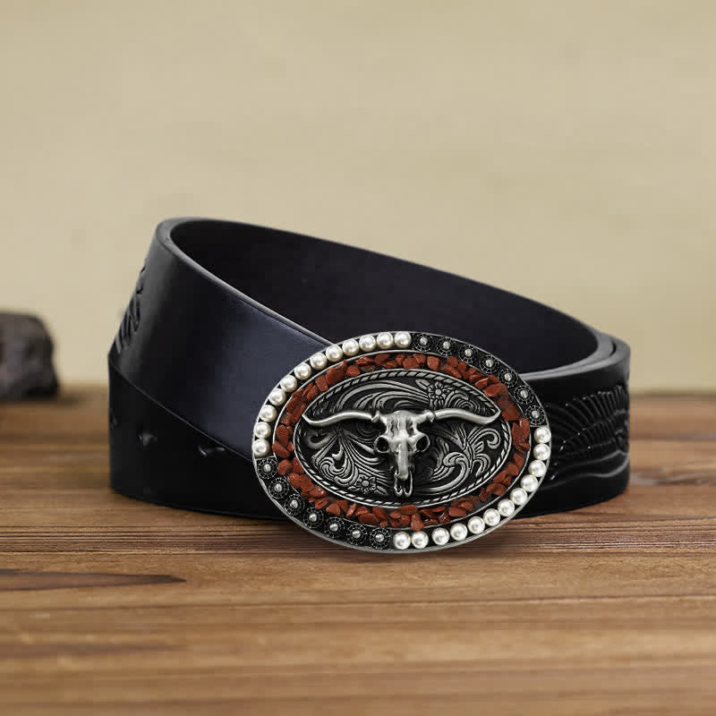 Cintura in pelle con fibbia a forma di toro con pietre di perle scintillanti fai da te da uomo