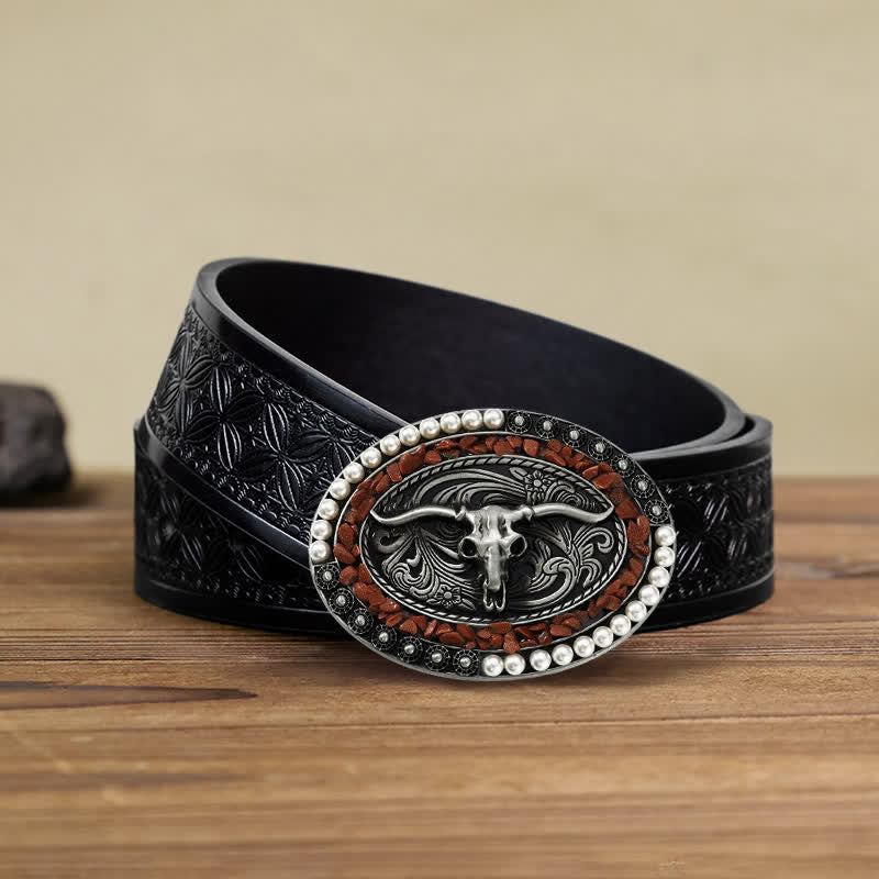 Cintura in pelle con fibbia a forma di toro con pietre di perle scintillanti fai da te da uomo - Borgogna - Cintura in tessuto goffrato nero (40) - image 6