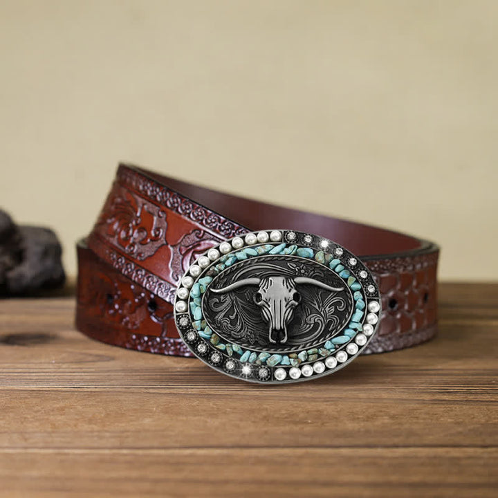 Cintura in pelle con fibbia a forma di toro con pietre di perle scintillanti fai da te da uomo - Blu - Cintura marrone intagliata (40) - image 17