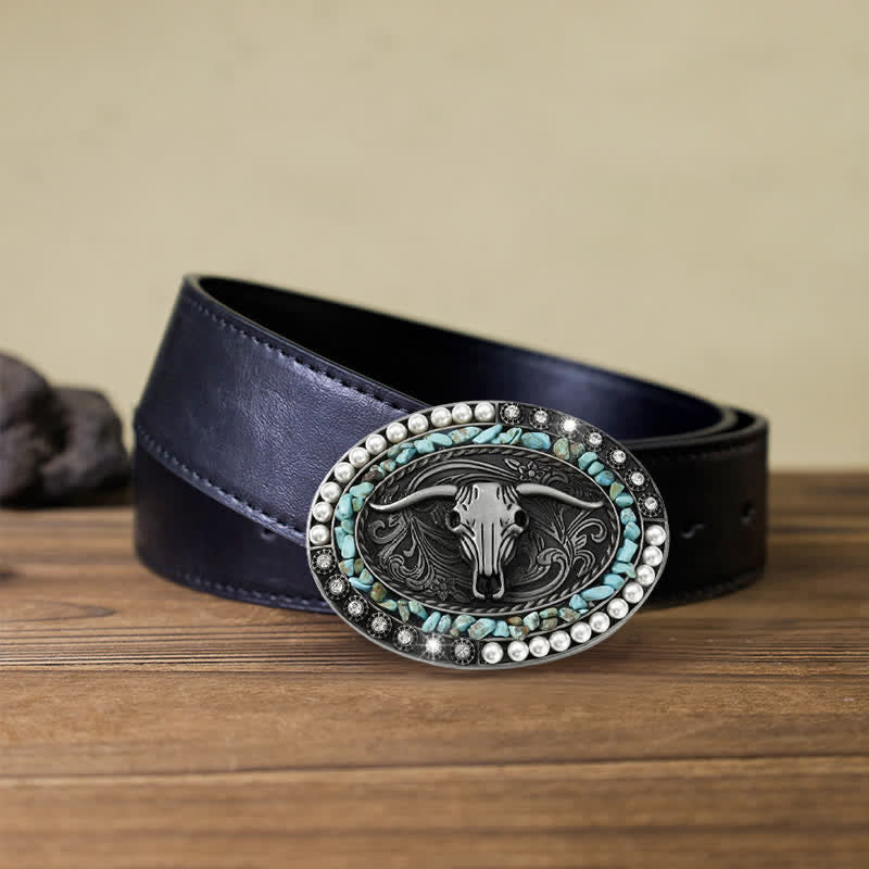 Cintura in pelle con fibbia a forma di toro con pietre di perle scintillanti fai da te da uomo