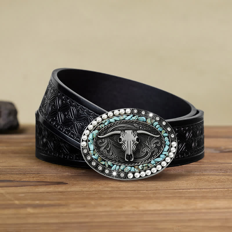 Cintura in pelle con fibbia a forma di toro con pietre di perle scintillanti fai da te da uomo