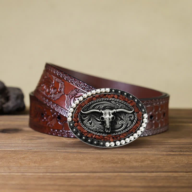 Cintura in pelle con fibbia a forma di toro con pietre di perle scintillanti fai da te da uomo - Borgogna - Cintura marrone intagliata (40) - image 8