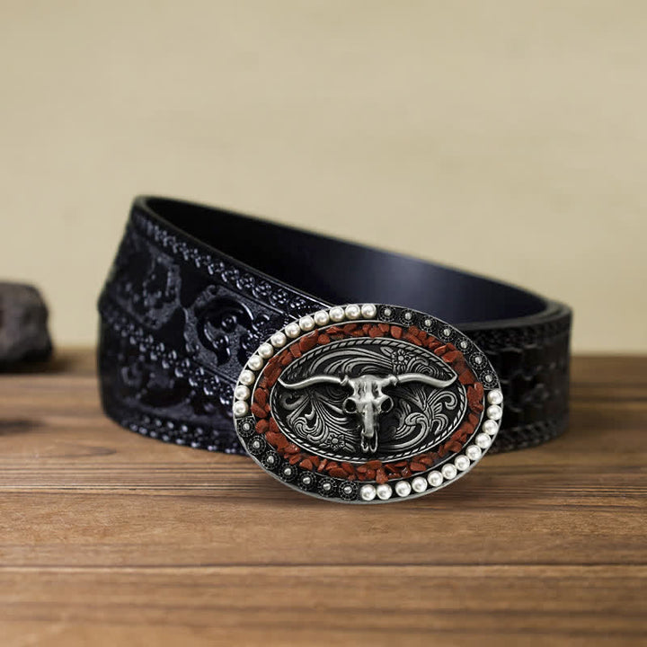 Cintura in pelle con fibbia a forma di toro con pietre di perle scintillanti fai da te da uomo - Borgogna - Cintura nera intagliata (40) - image 7