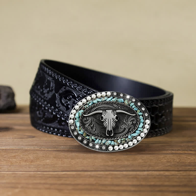 Cintura in pelle con fibbia a forma di toro con pietre di perle scintillanti fai da te da uomo - Blu - Cintura nera intagliata (40) - image 16