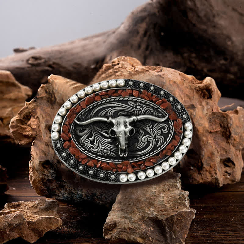 Cintura in pelle con fibbia a forma di toro con pietre di perle scintillanti fai da te da uomo - Borgogna - Senza cintura - image 0