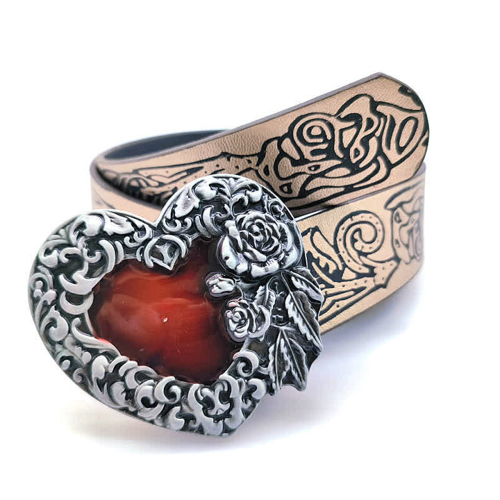 Cintura in pelle con motivo a cuore in smalto rosso e rosa in rilievo