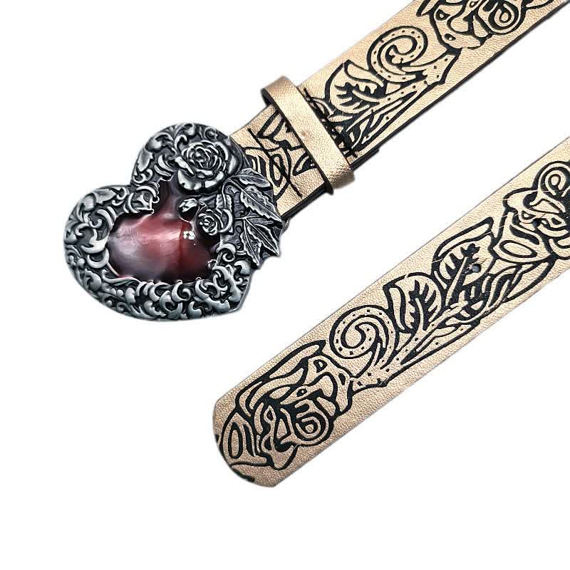 Cintura in pelle con motivo a cuore in smalto rosso e rosa in rilievo