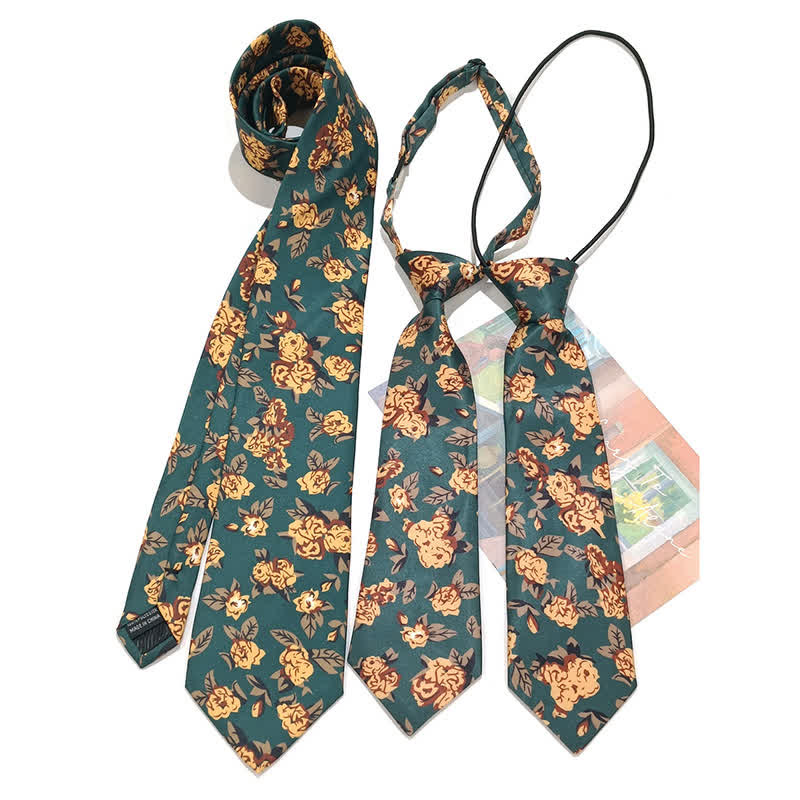 Cravatta vintage da uomo con stampa floreale gialla verde scuro