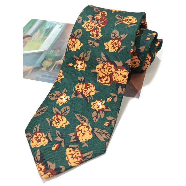 Cravatta vintage da uomo con stampa floreale gialla verde scuro