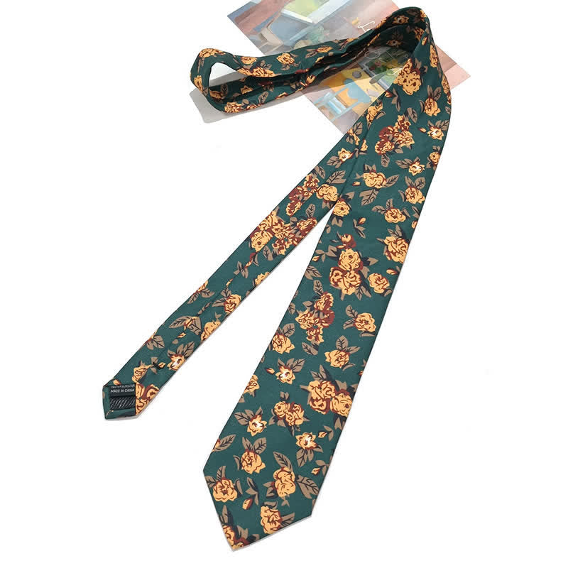 Cravatta vintage da uomo con stampa floreale gialla verde scuro
