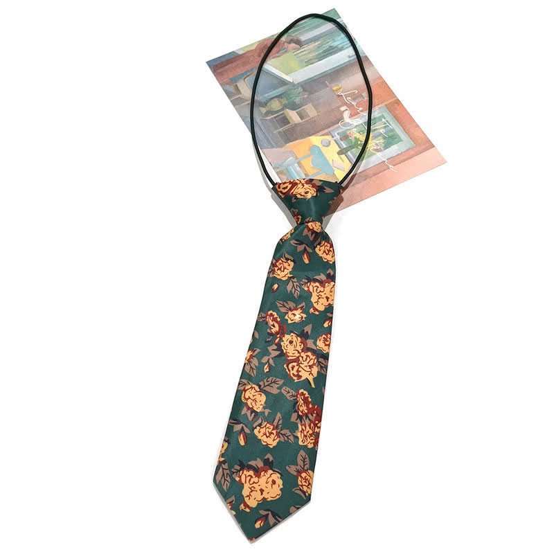 Cravatta vintage da uomo con stampa floreale gialla verde scuro