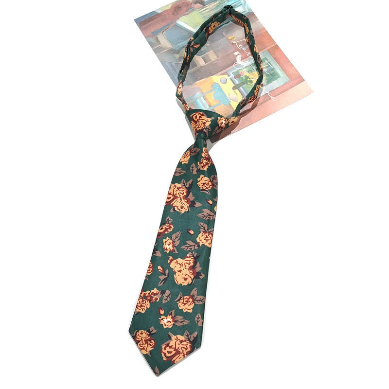 Cravatta vintage da uomo con stampa floreale gialla verde scuro