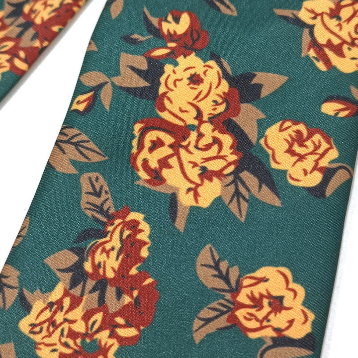 Cravatta vintage da uomo con stampa floreale gialla verde scuro