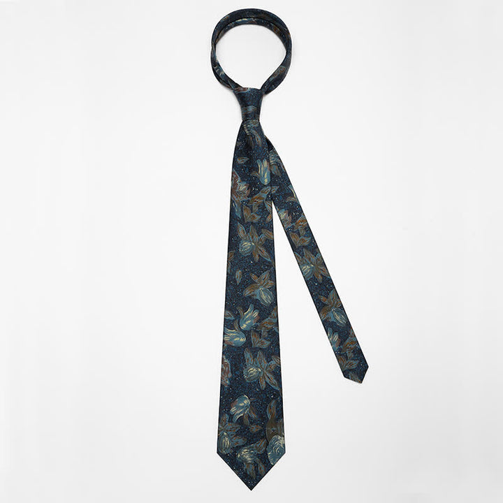 Cravatta da uomo blu navy con motivo floreale dipinto a olio retrò