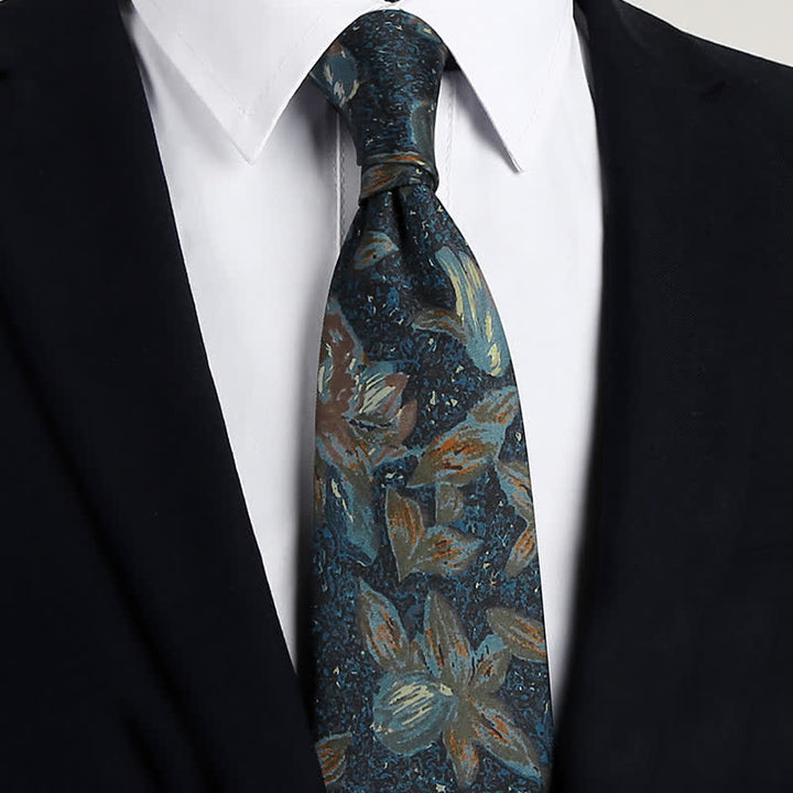 Cravatta da uomo blu navy con motivo floreale dipinto a olio retrò
