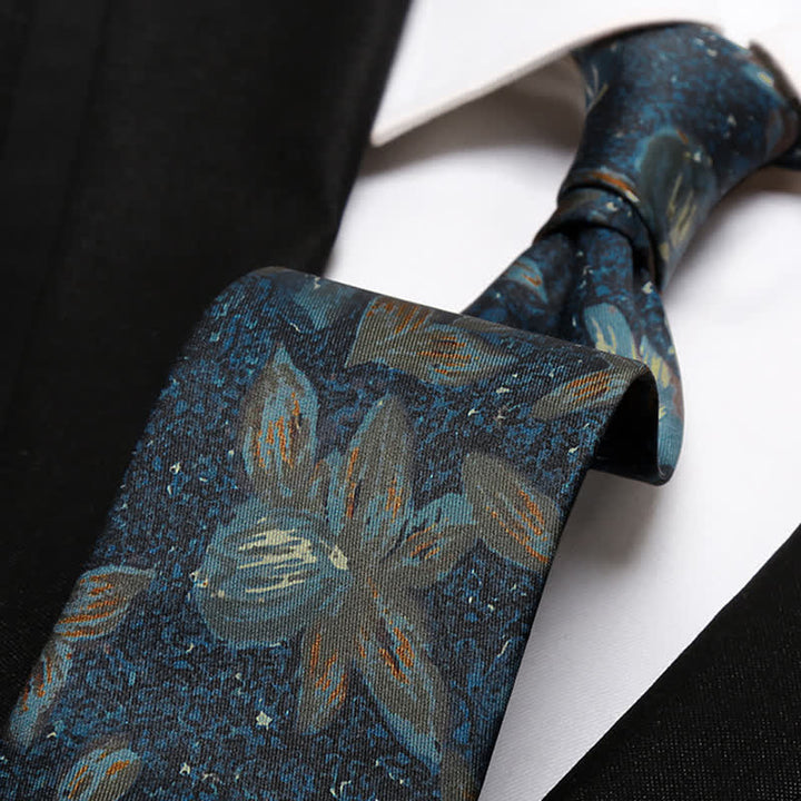 Cravatta da uomo blu navy con motivo floreale dipinto a olio retrò