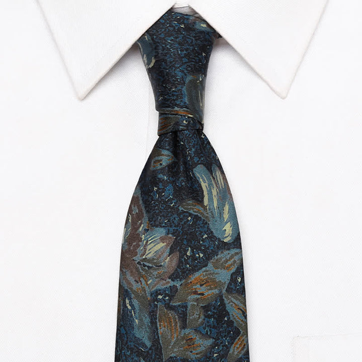 Cravatta da uomo blu navy con motivo floreale dipinto a olio retrò