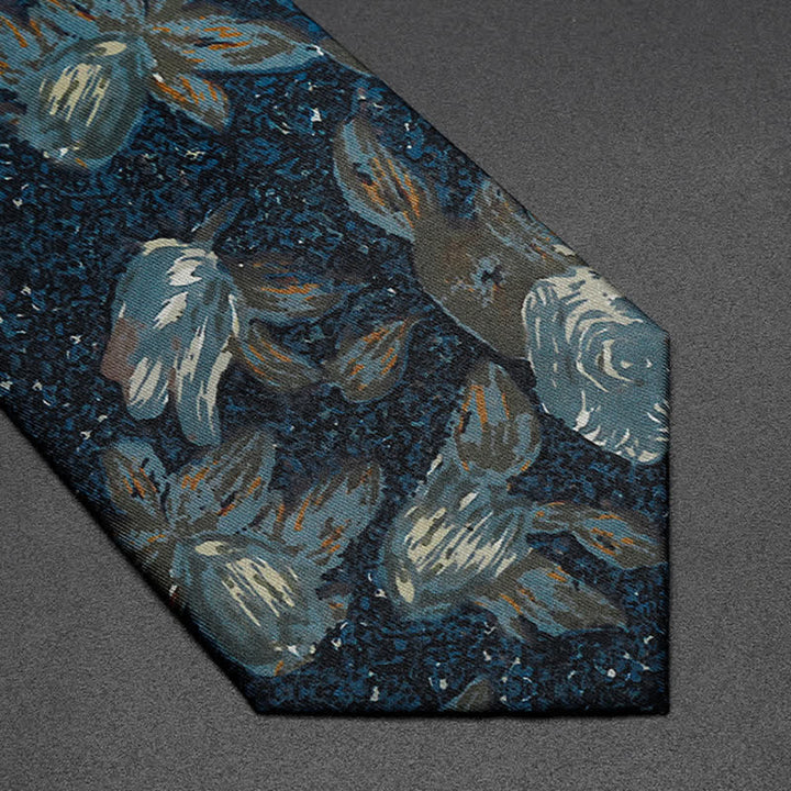 Cravatta da uomo blu navy con motivo floreale dipinto a olio retrò