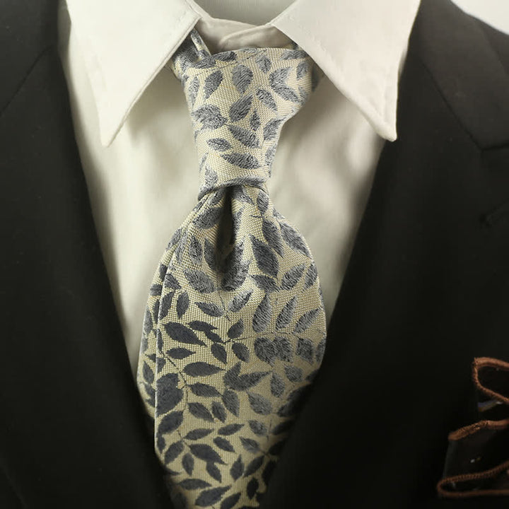 Cravatta da uomo con stampa di foglie di rami blu e grigi - Grigio Blu e Avorio - image 0