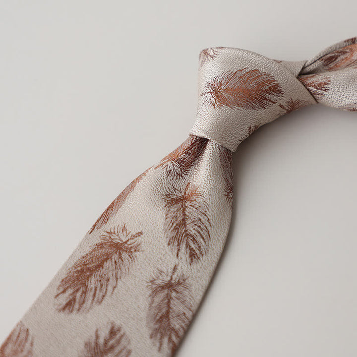 Cravatta da uomo con motivo a piume beige e marrone