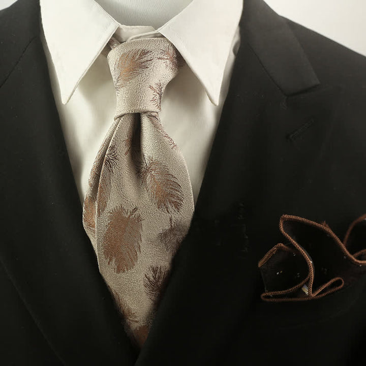 Cravatta da uomo con motivo a piume beige e marrone