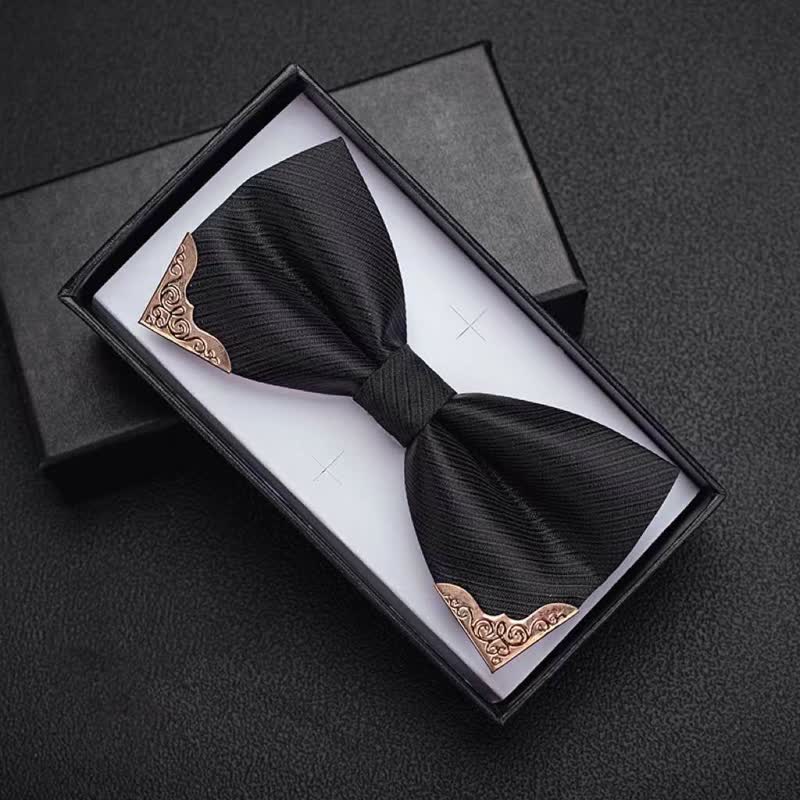 Papillon da uomo in twill con punta in metallo dorato - Nero - image 2