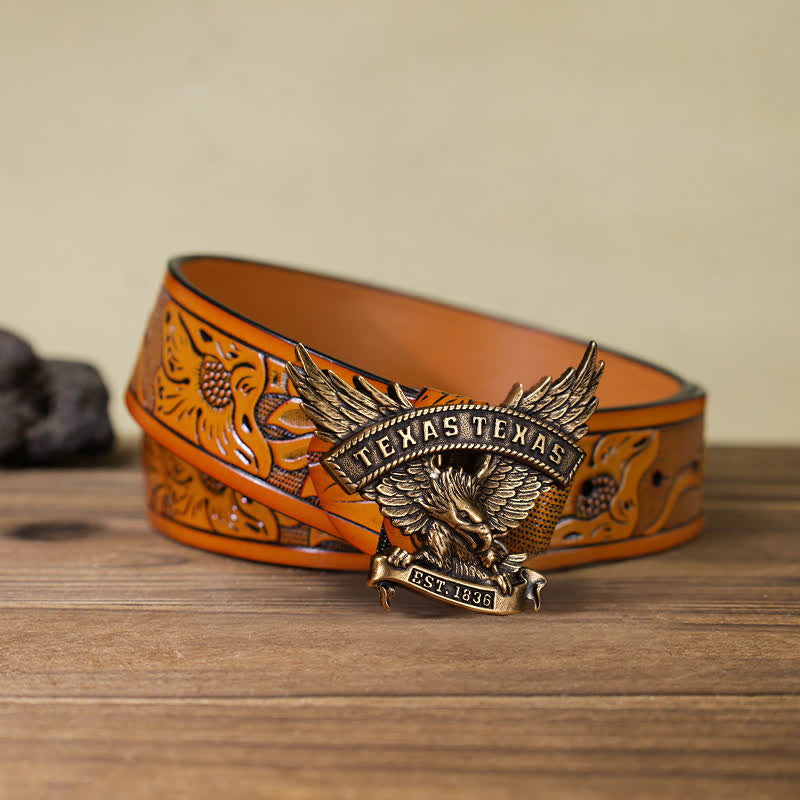 Cintura in pelle fai da te da uomo con fibbia Western Texas Eagle retrò - Bronzo antico - Cintura intagliata arancione (40) - image 17