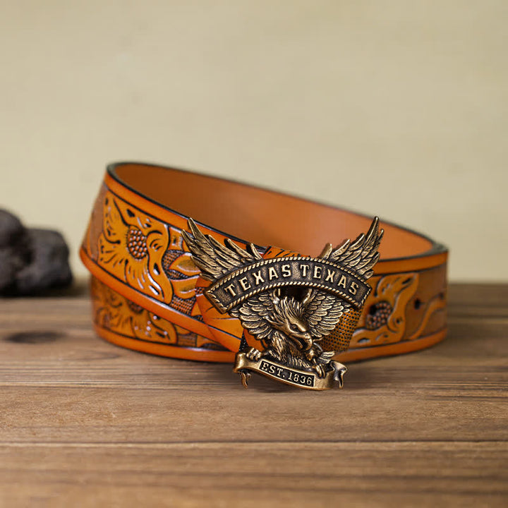 Cintura in pelle fai da te da uomo con fibbia Western Texas Eagle retrò - Bronzo antico - Cintura intagliata arancione (40) - image 17