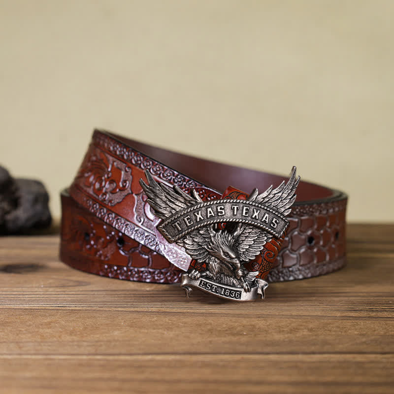 Cintura in pelle fai da te da uomo con fibbia Western Texas Eagle retrò - Argento antico - Cintura marrone intagliata (40) - image 6