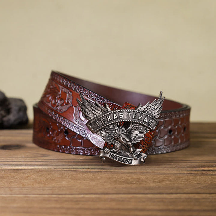 Cintura in pelle fai da te da uomo con fibbia Western Texas Eagle retrò - Argento antico - Cintura marrone intagliata (40) - image 6