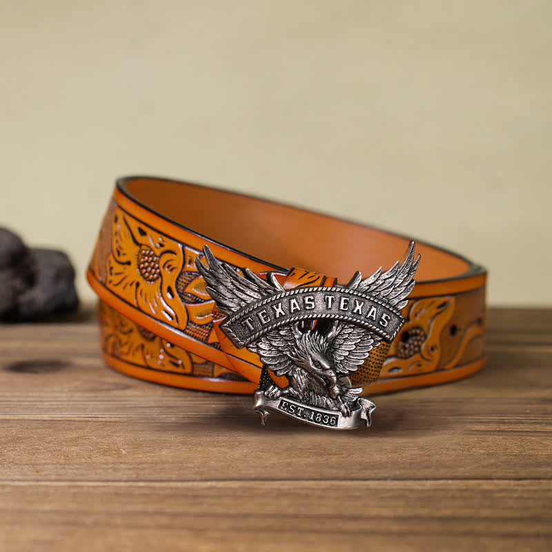 Cintura in pelle fai da te da uomo con fibbia Western Texas Eagle retrò - Argento antico - Cintura intagliata arancione (40) - image 8