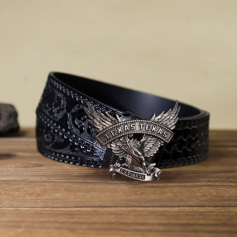 Cintura in pelle fai da te da uomo con fibbia Western Texas Eagle retrò - Argento antico - Cintura nera intagliata (40) - image 5