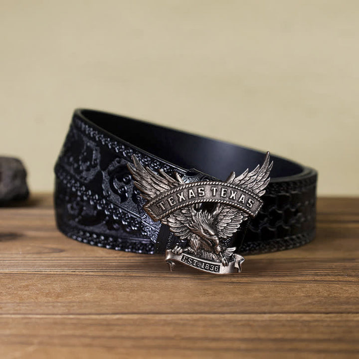 Cintura in pelle fai da te da uomo con fibbia Western Texas Eagle retrò - Argento antico - Cintura nera intagliata (40) - image 5