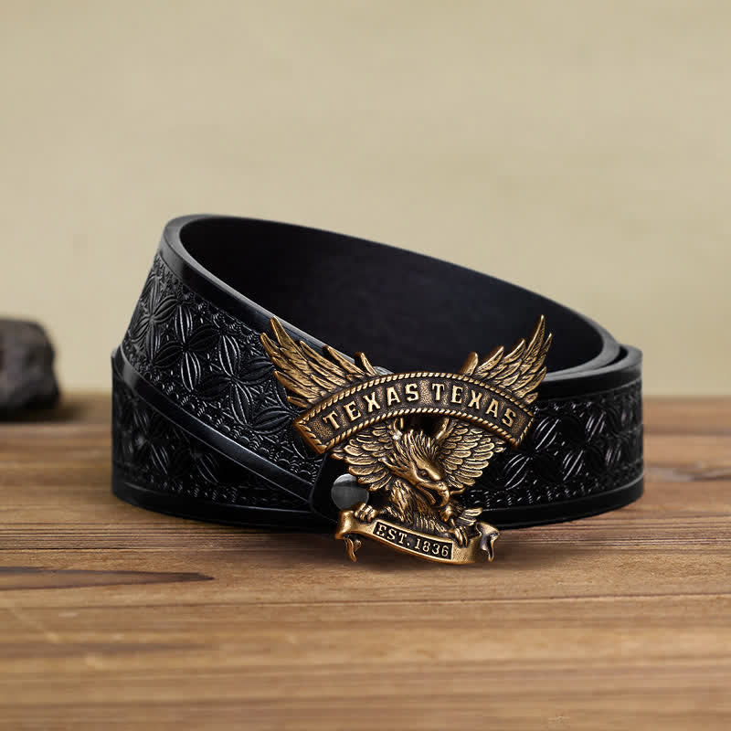 Cintura in pelle fai da te da uomo con fibbia Western Texas Eagle retrò - Bronzo antico - Cintura in tessuto goffrato nero (40) - image 13