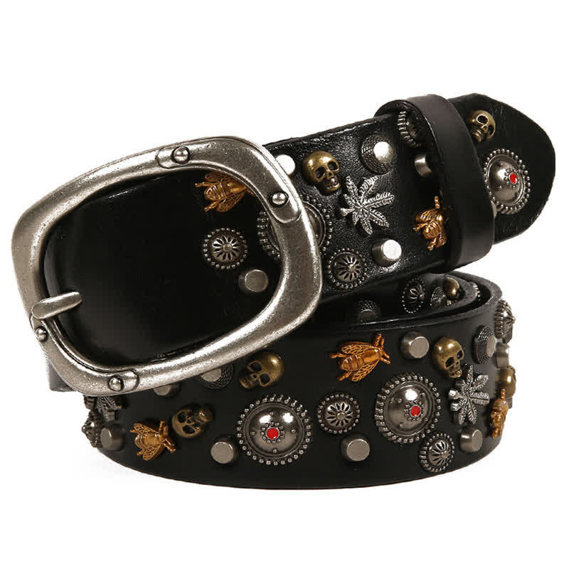 Cintura in pelle con teschio gotico, ape, acero e rivetti - Nero - 44 - image 0