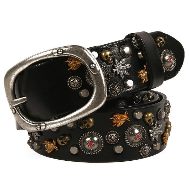Cintura in pelle con teschio gotico, ape, acero e rivetti - Nero - 44 - image 0