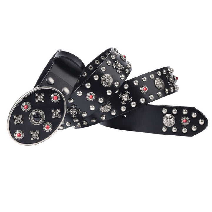 Cintura in pelle con borchie floreali incise con pietre preziose in resina