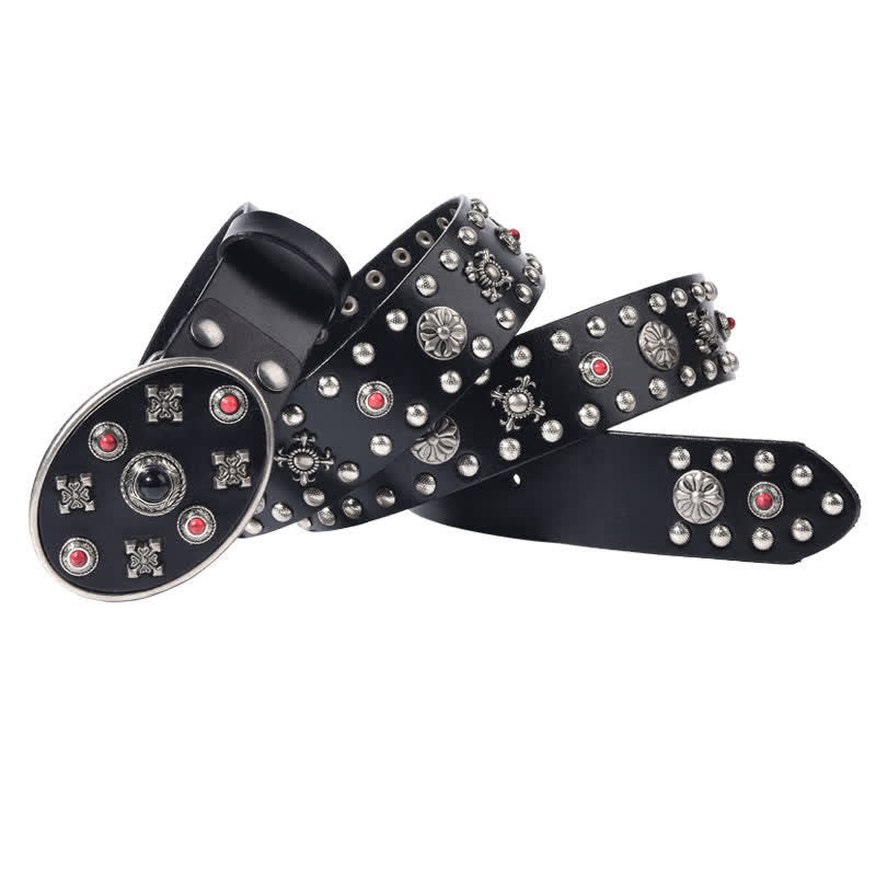 Cintura in pelle con borchie floreali incise con pietre preziose in resina - Nero - 44 - image 0