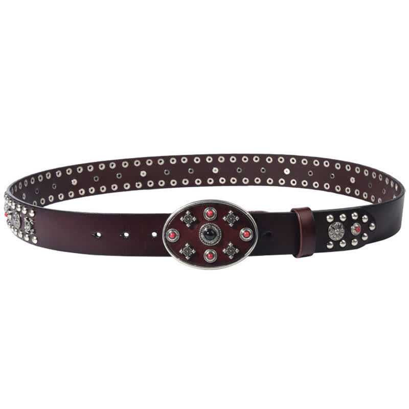 Cintura in pelle con borchie floreali incise con pietre preziose in resina