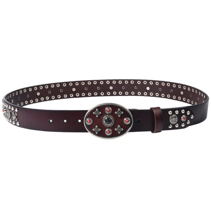 Cintura in pelle con borchie floreali incise con pietre preziose in resina