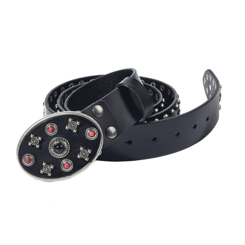 Cintura in pelle con borchie floreali incise con pietre preziose in resina