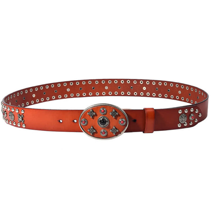 Cintura in pelle con borchie floreali incise con pietre preziose in resina