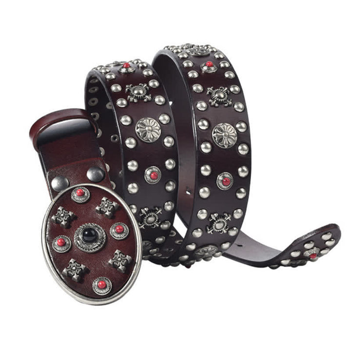 Cintura in pelle con borchie floreali incise con pietre preziose in resina