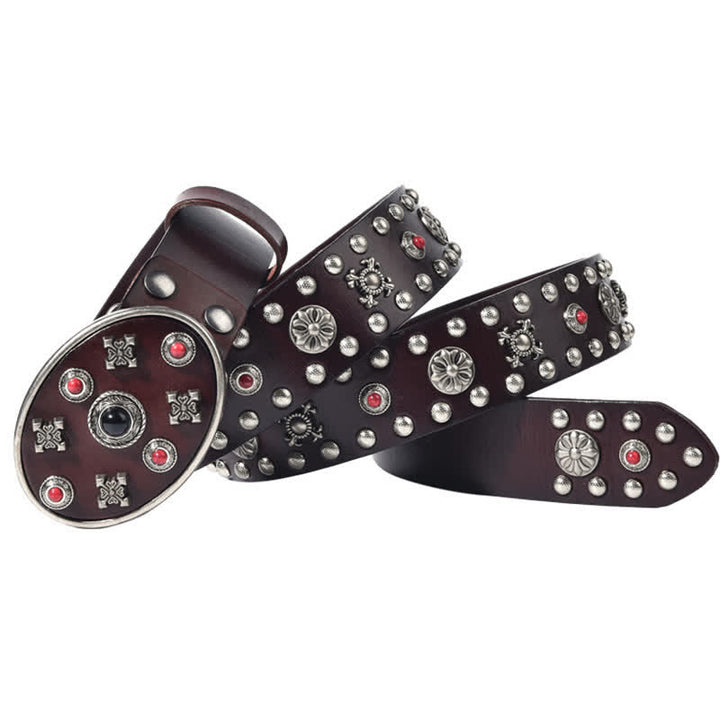 Cintura in pelle con borchie floreali incise con pietre preziose in resina