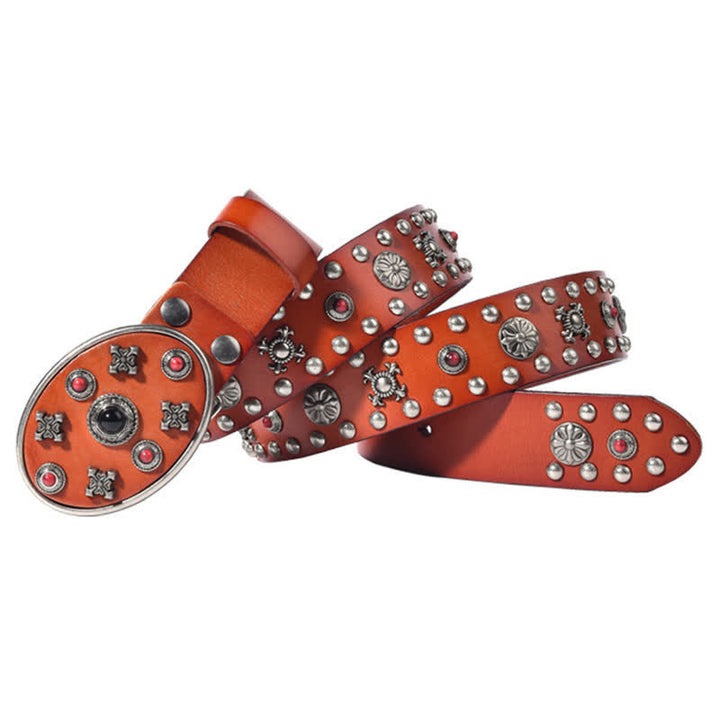 Cintura in pelle con borchie floreali incise con pietre preziose in resina
